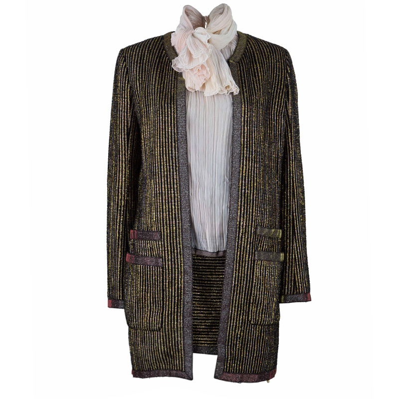 Chanel Metallic Textured Skirt Suit With Pleated Top M