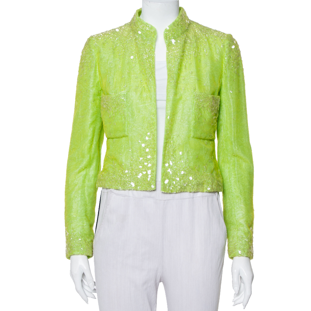 Pre-owned Chanel Boutique Lime Green Sequin Embellished Velvet Open Front  Cropped Jacket M