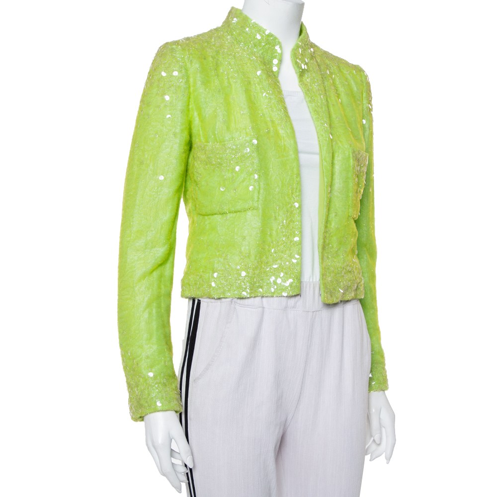 

Chanel Boutique Lime Green Sequin Embellished Velvet Open Front Cropped Jacket