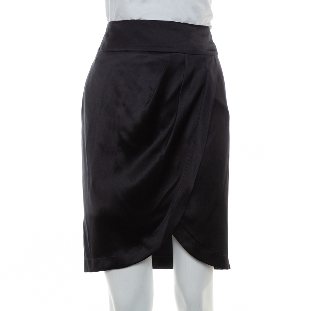 Pre-owned Chanel Black Silk Satin Faux Wrap Mini Skirt S