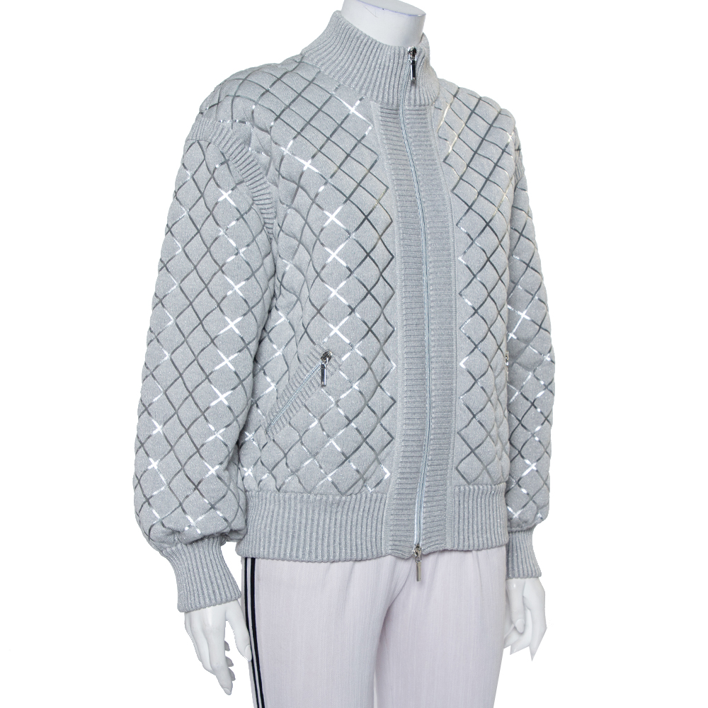 

Chanel Grey Patterned Knit Zip Front Sweater