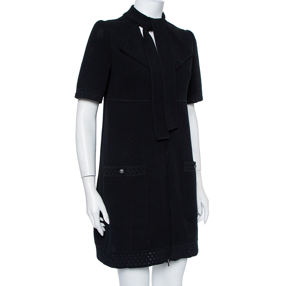 

Chanel Black Perforated Knit Neck Tie Detail Zip Front Dress