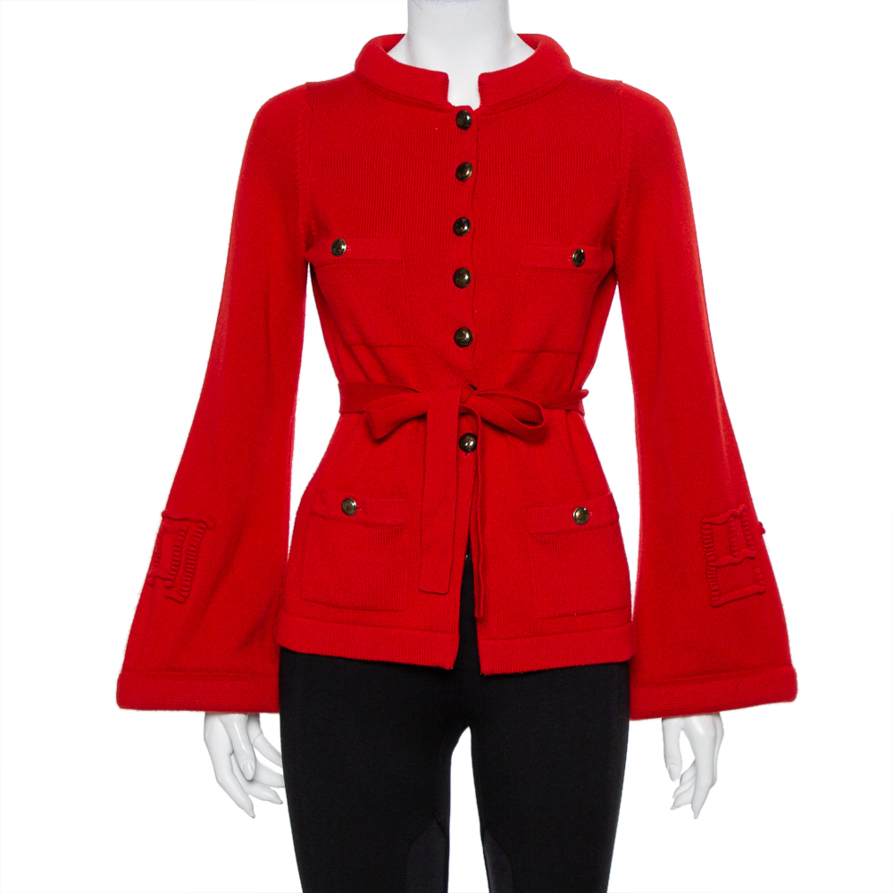 

Chanel Red Cashmere & Wool Bell Sleeve Belted Sweater