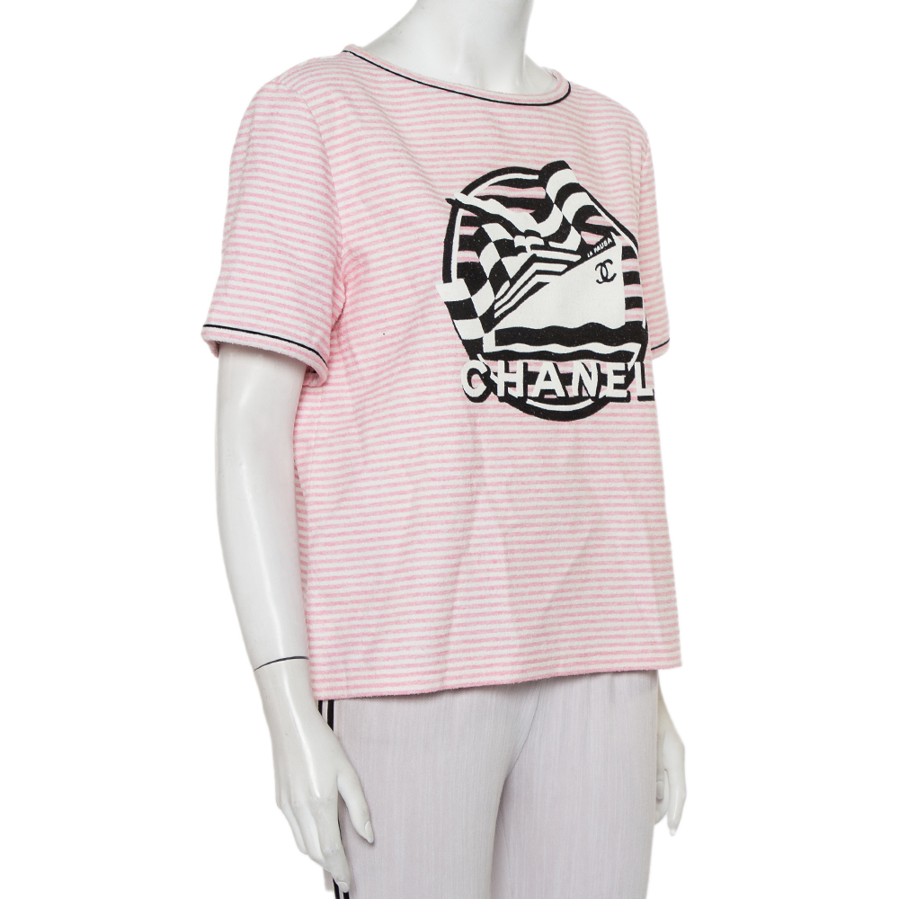 

Chanel Pink Striped Terry Logo Printed Crewneck T-Shirt
