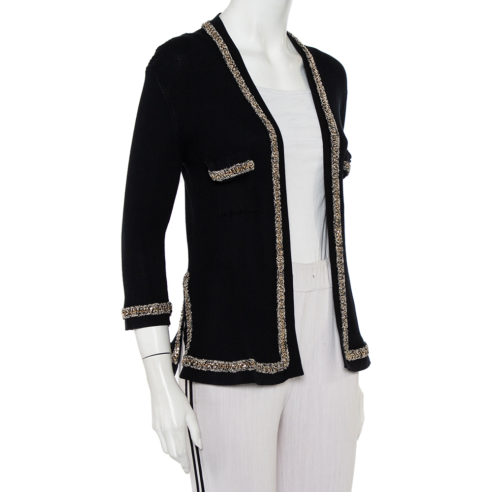 

Chanel Black Rib Knit Chain Embellished Open Front Cardigan