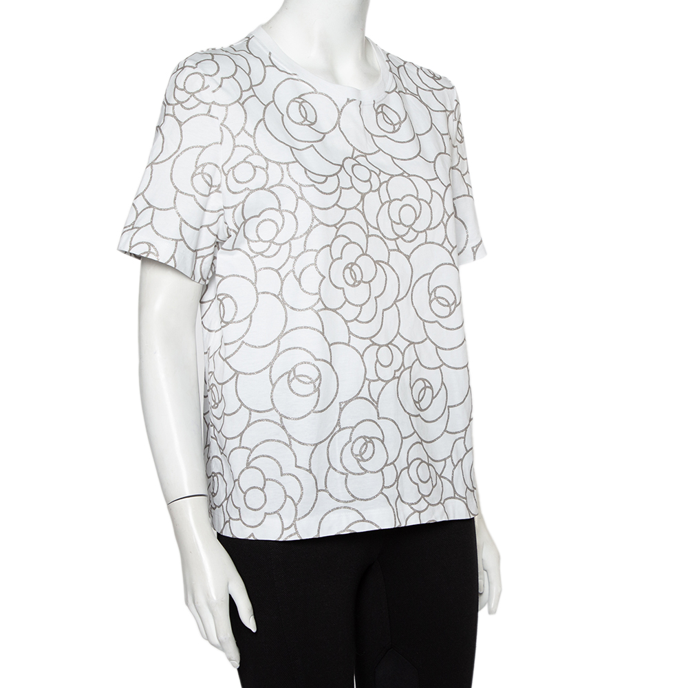 

Chanel White Metallic Camellia Printed Cotton Crewneck T-Shirt