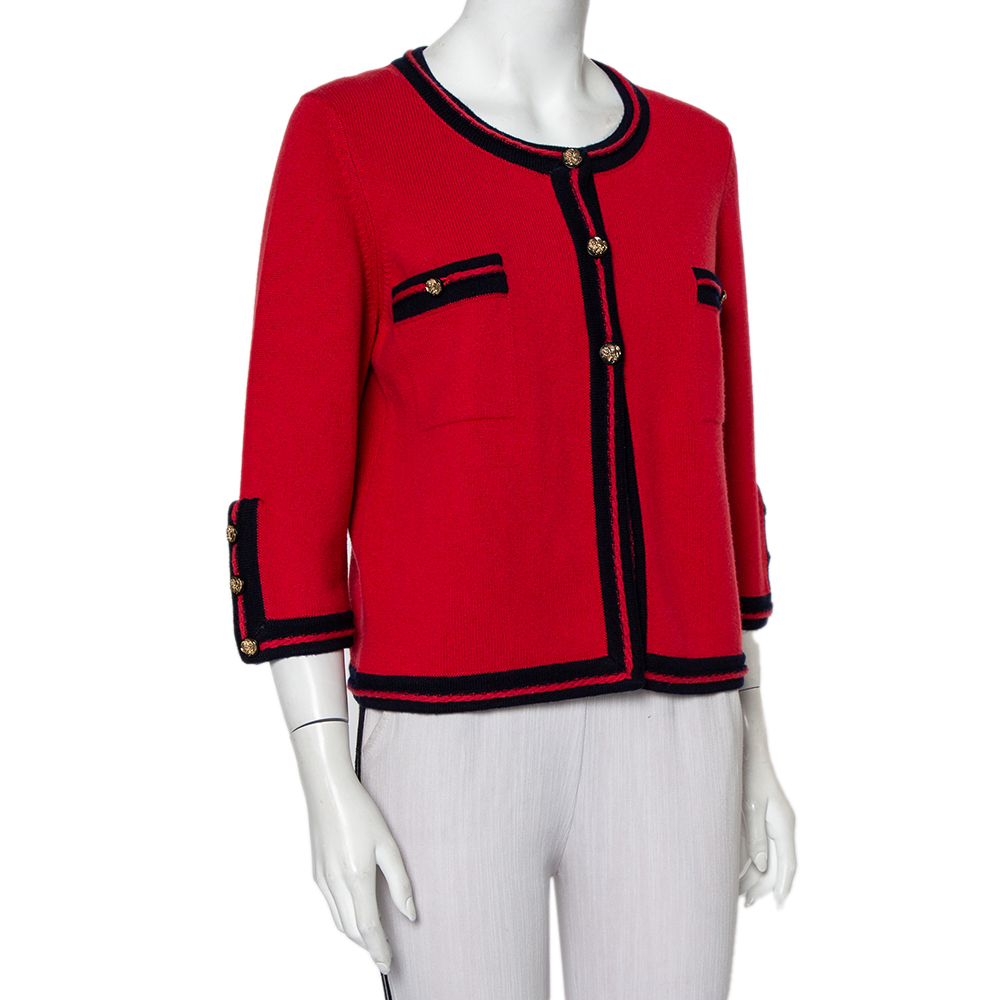 

Chanel Red Cashmere Contrast Trim Detail Button Front Cardigan