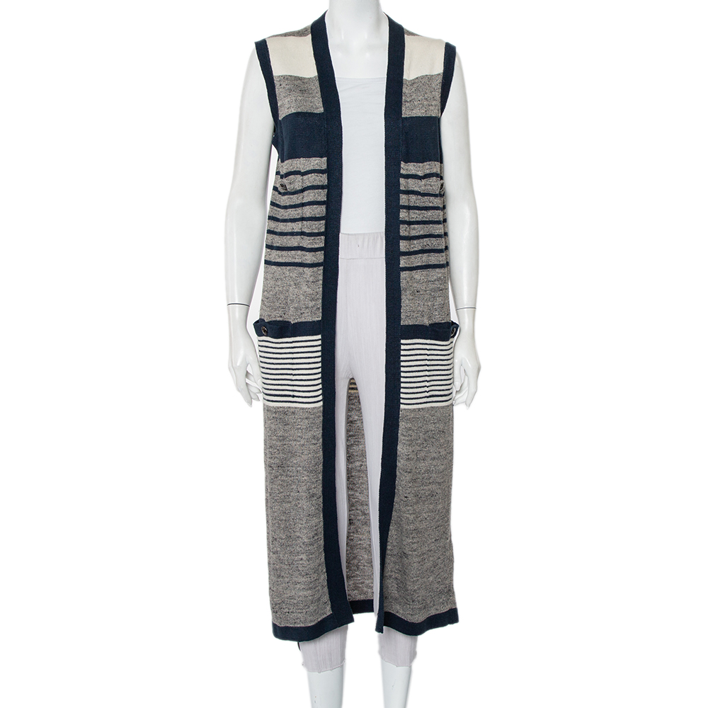 Click to view more detailed imagery on our partner's website Pre-owned Chanel Striped Linen And Cashmere Knit Sleeveless Oversized Long Cardigan S In Grey
