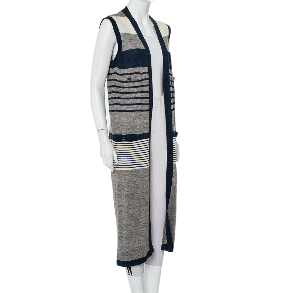 

Chanel Striped Linen and Cashmere Knit Sleeveless Oversized Long Cardigan, Grey