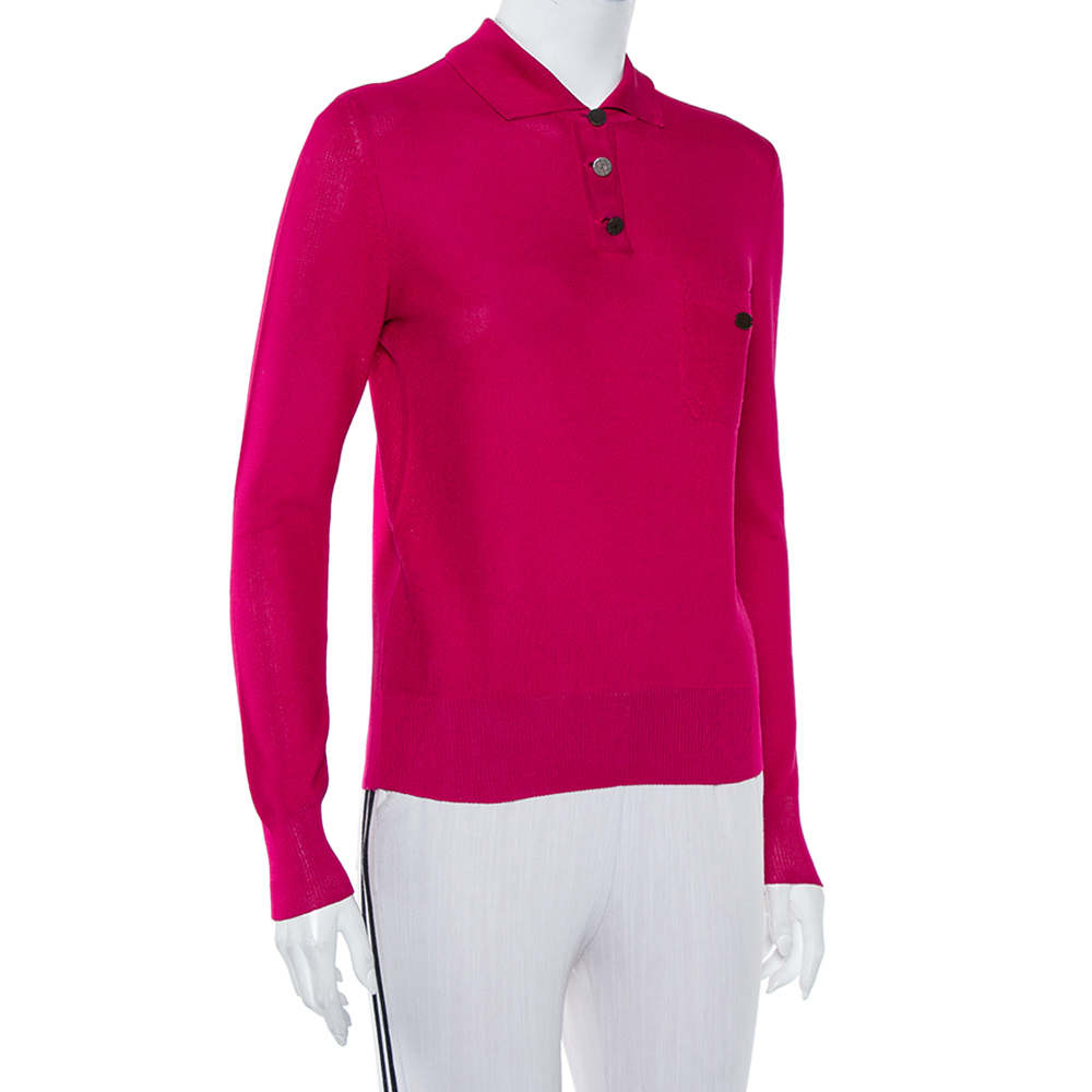 

Chanel Magenta Silk Knit Long Sleeve Polo T-Shirt, Pink