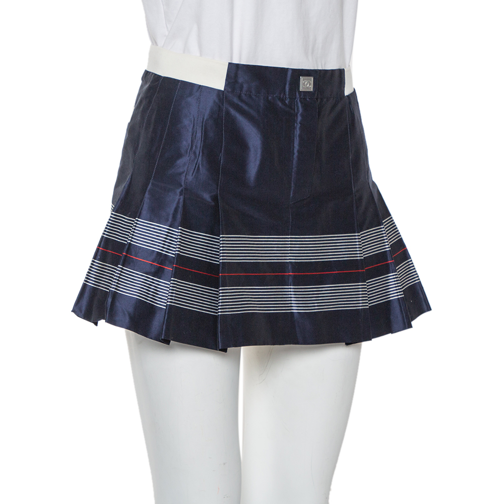 

Chanel Navy Blue Cotton & Silk Striped Detail Pleated Tennis Skirt