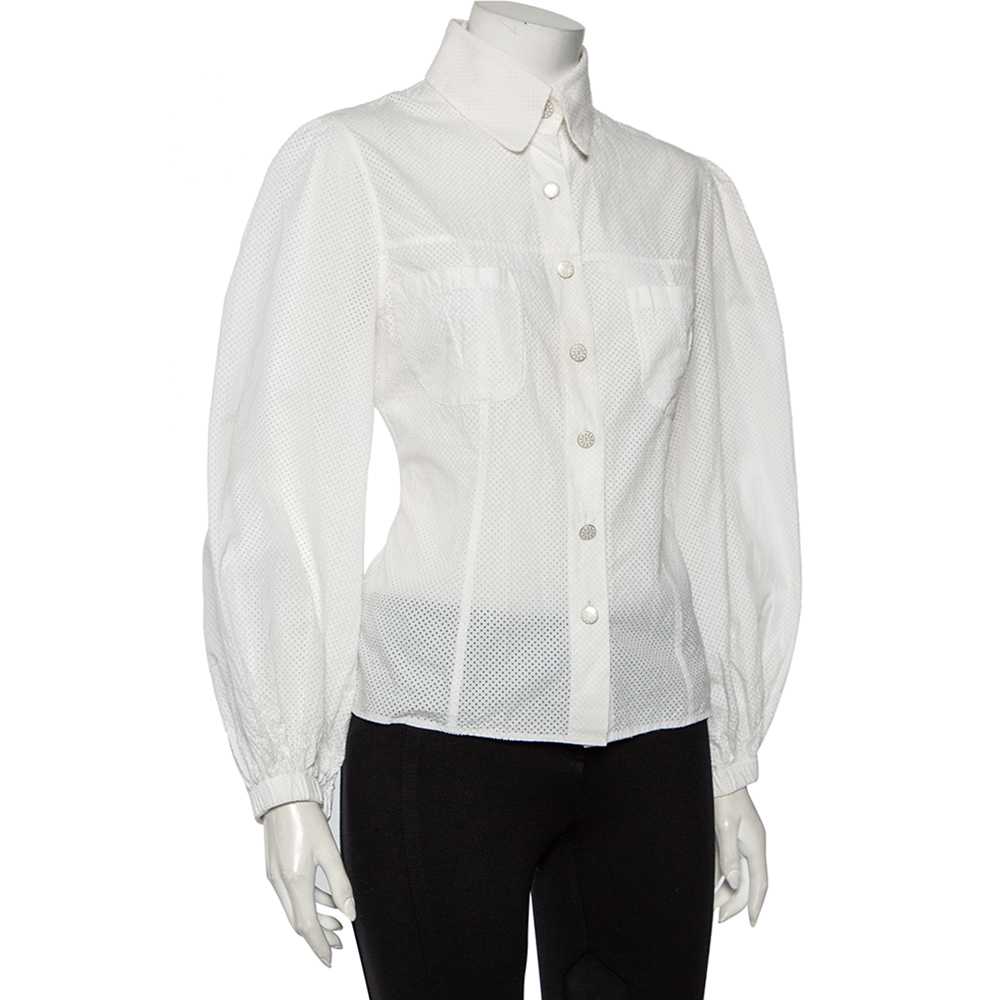

Chanel White Perforated Cotton Button Front Shirt