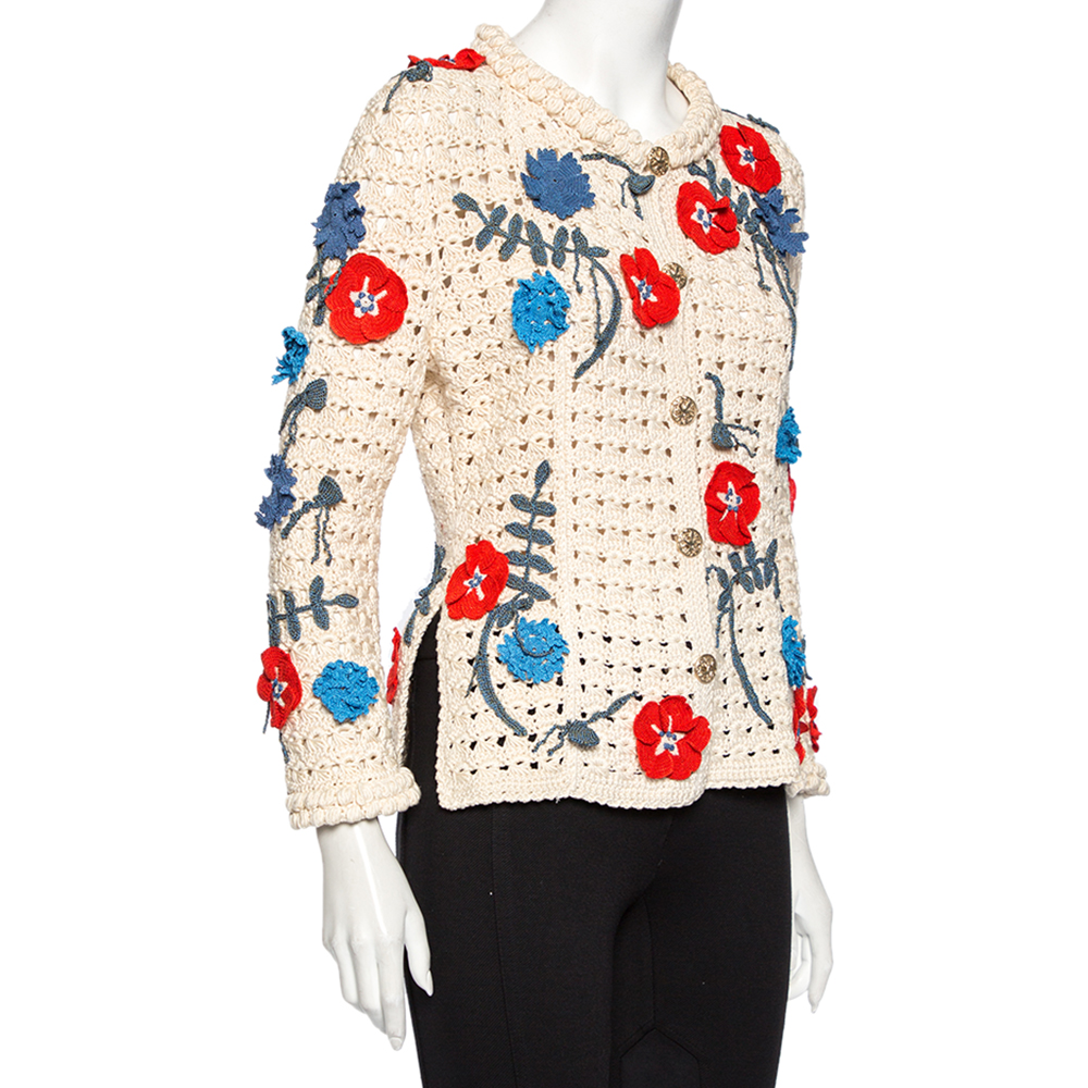 

Chanel Off- White Crochet Floral Applique Detail Button Front Cardigan