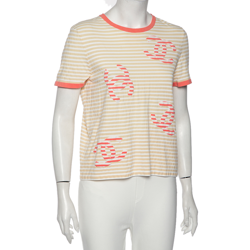 

Chanel Beige Striped Logo Intarsia Round Neck T-shirt