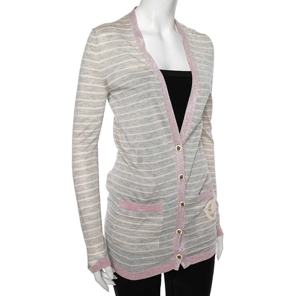 

Chanel Grey Striped Cashmere & Metallic Lurex Knit Trim Cardigan