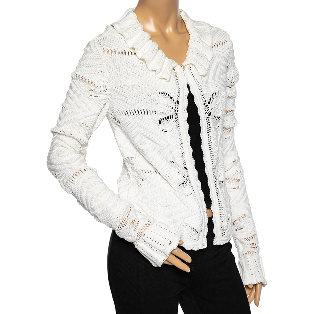 

Chanel White Crochet Knit Buttoned Neck Detail Long Sleeve Cardigan