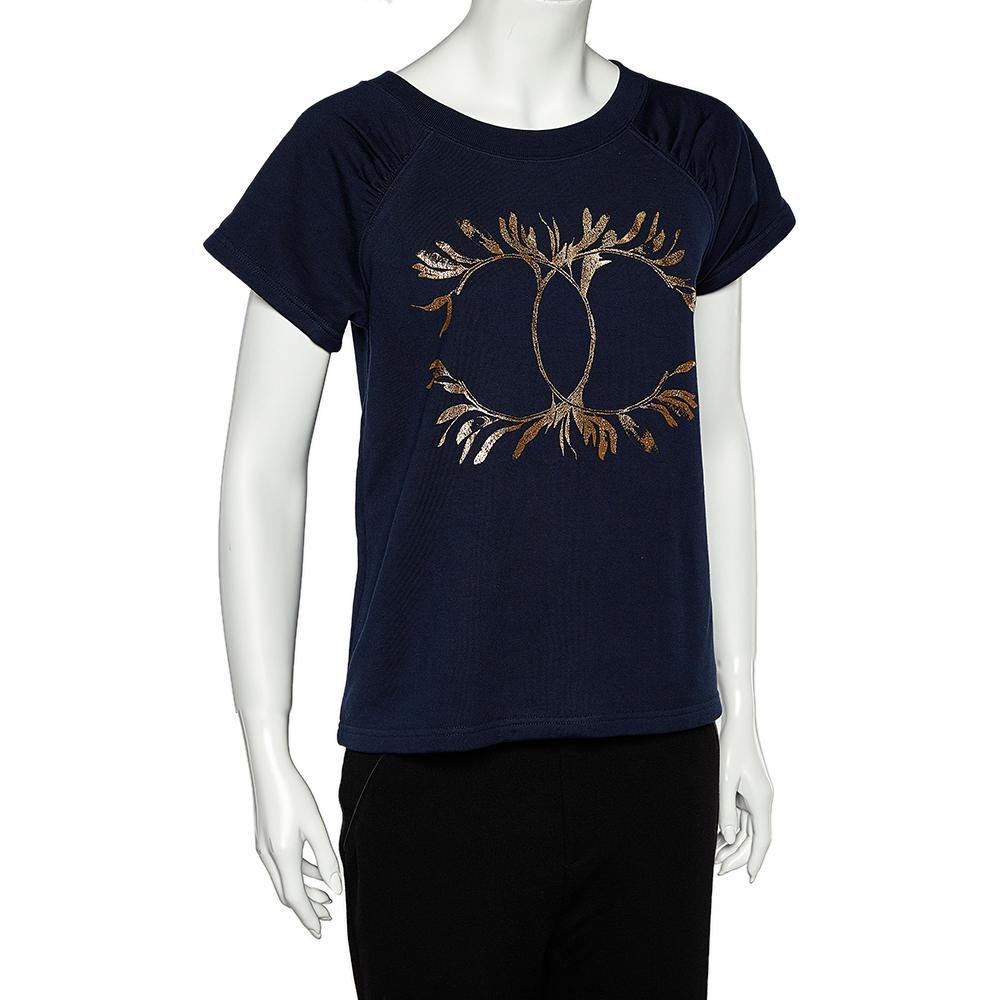 

Chanel Navy Blue Cotton Knit CC Print Grecian Goddess T-Shirt