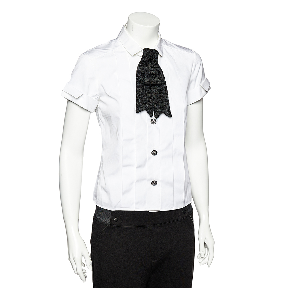 

Chanel White Cotton Contrast Bow Detail Short Sleeve Shirt