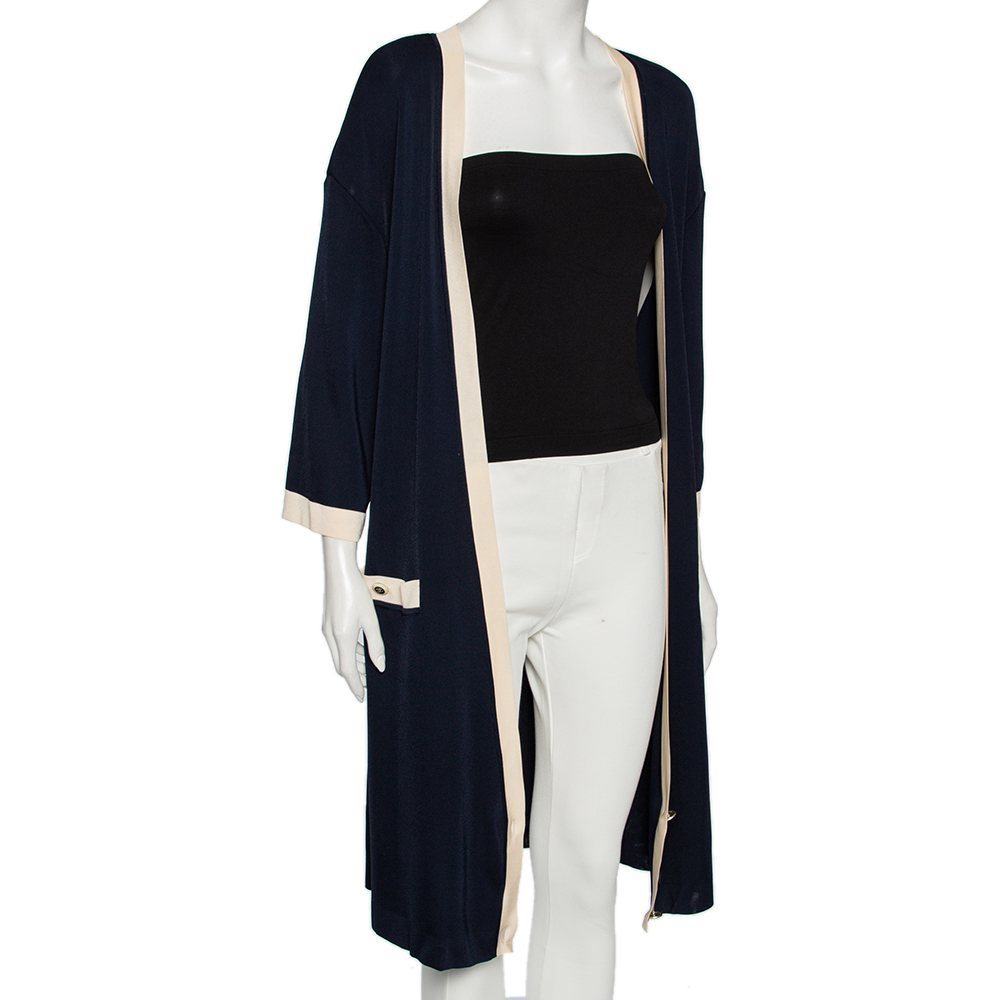 

Chanel Navy Blue Knit Contrast Trim Detailed Front Open Cover-Up Cardigan