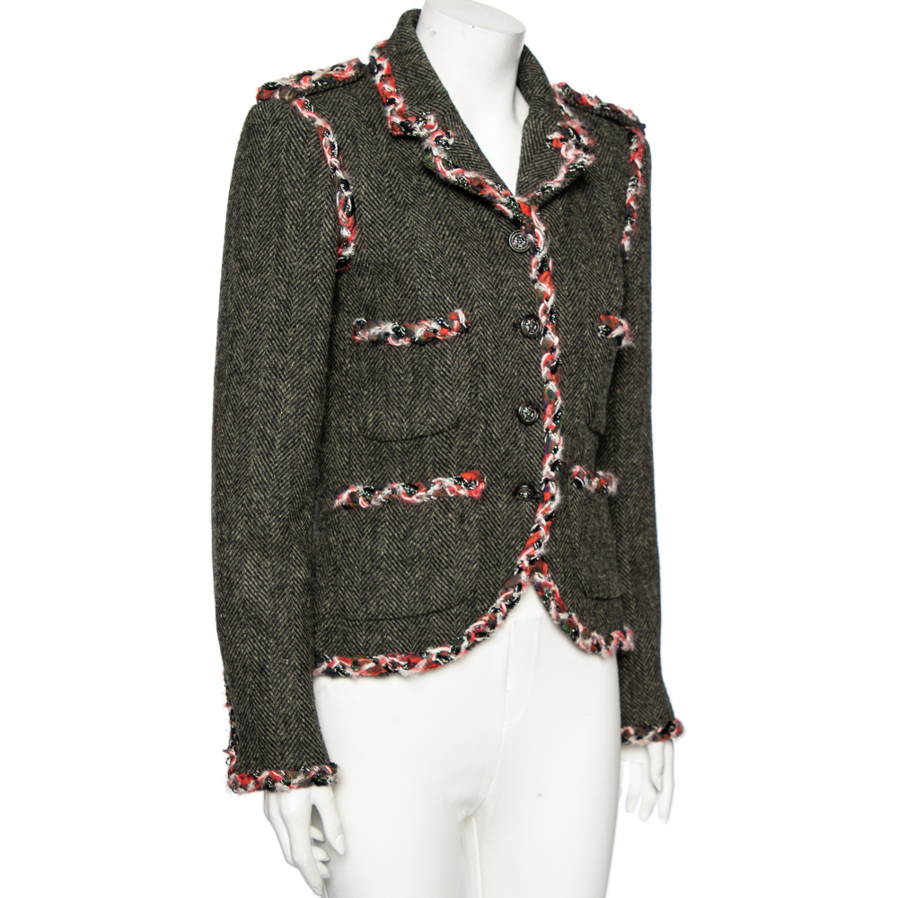 

Chanel Grey Herring Wool Contrast Braided Trim Detailed Jacket