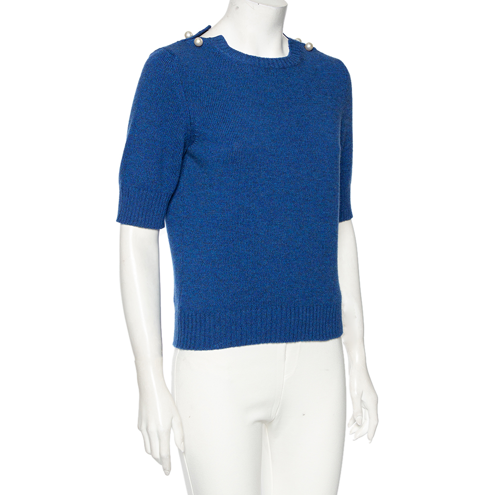 

Chanel Blue Cashmere Knit Pearl Detail Sweater