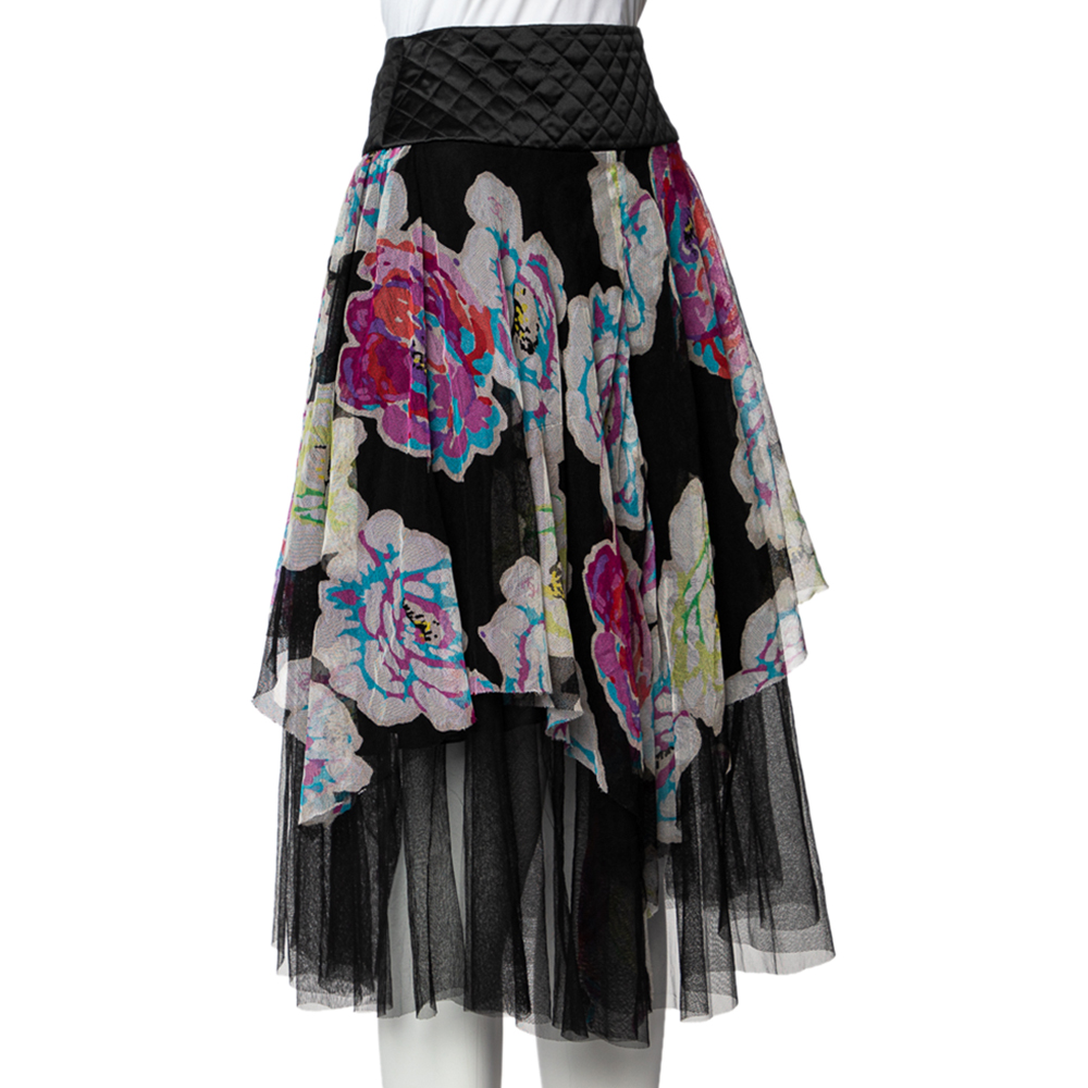 

Chanel Black Floral Print Mesh Quilted Waist Midi Skirt