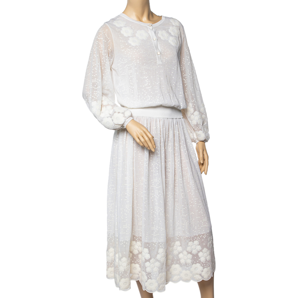 

Chanel White Cotton Knit Floral Embellished Detail Cinched Waist Midi Dress