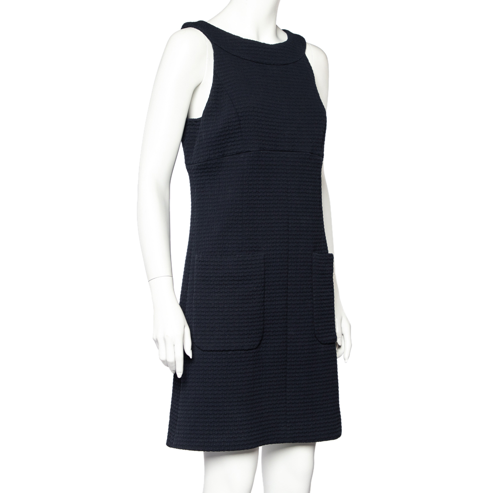 

Chanel Navy Blue Textured Cotton Sleeveless Midi Dress
