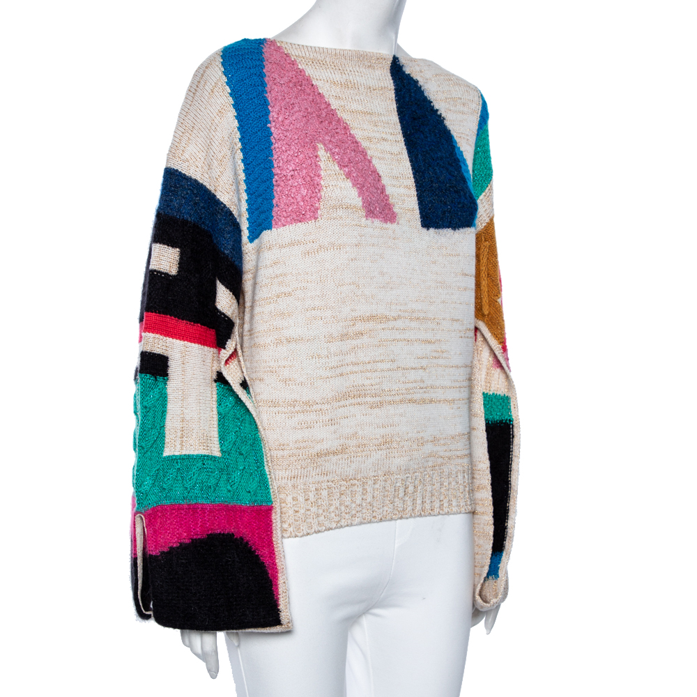 

Chanel Multicolored Logo Intarsia Knit Cutout Sleeve Sweater, Cream