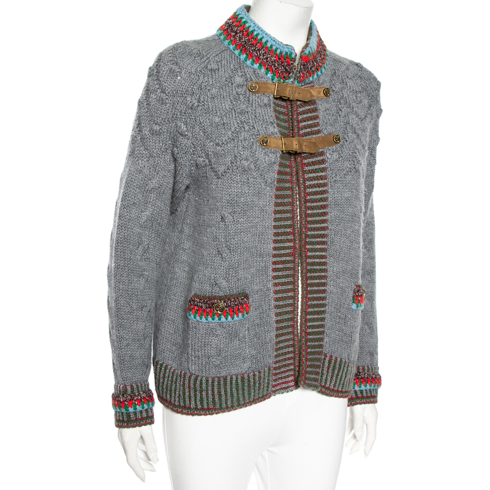 

Chanel Grey Wool Intarsia Knit Contrast Trimmed Buckle Detail Jacket