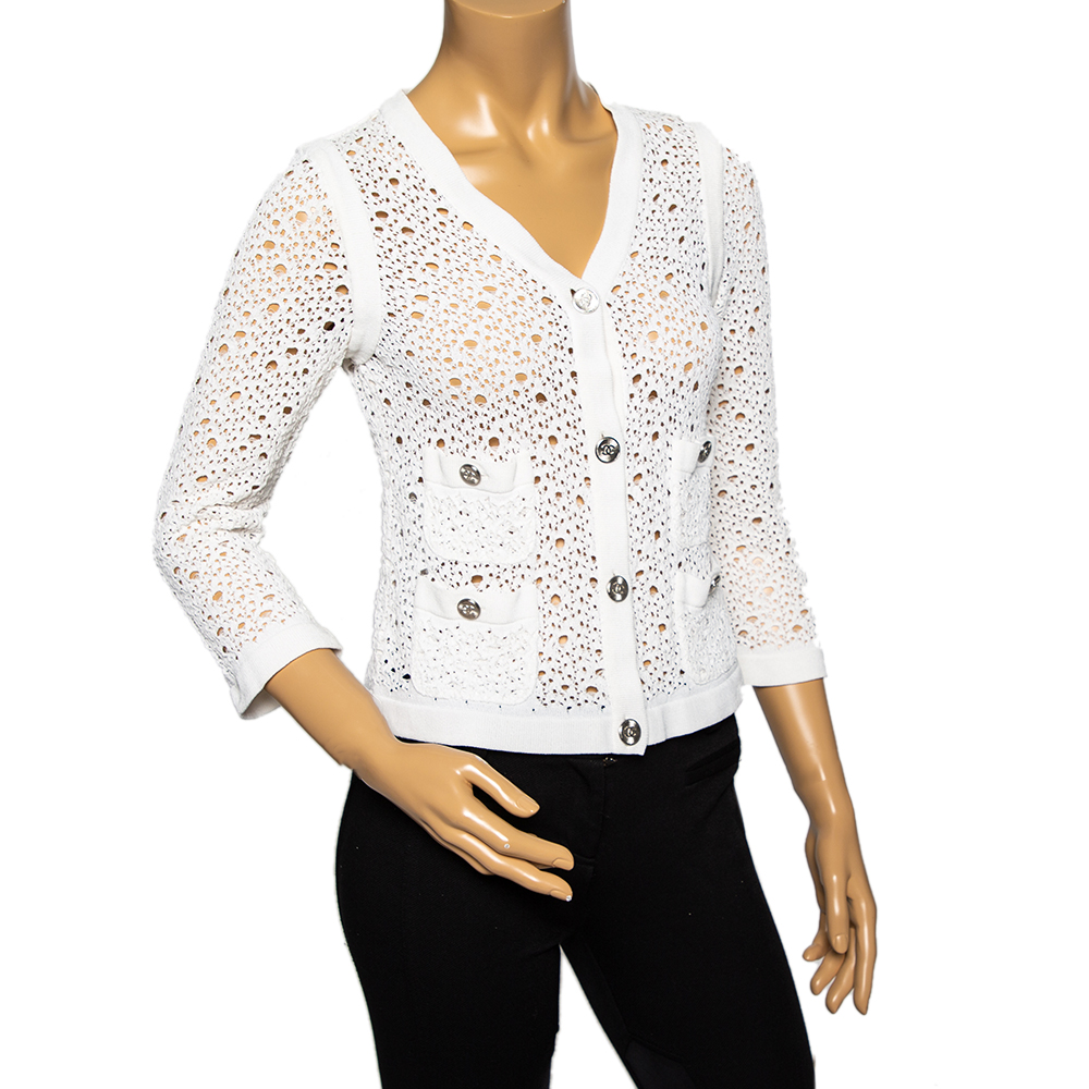 

Chanel White Crochet Knit Cropped Button Front Cardigan