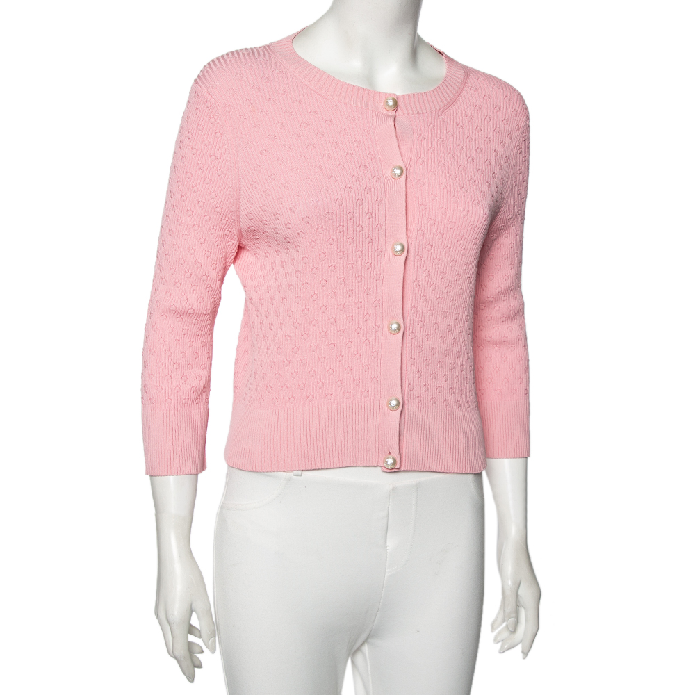 

Chanel Pink Patterned Knit La Pausa Pearl Embellished Cardigan