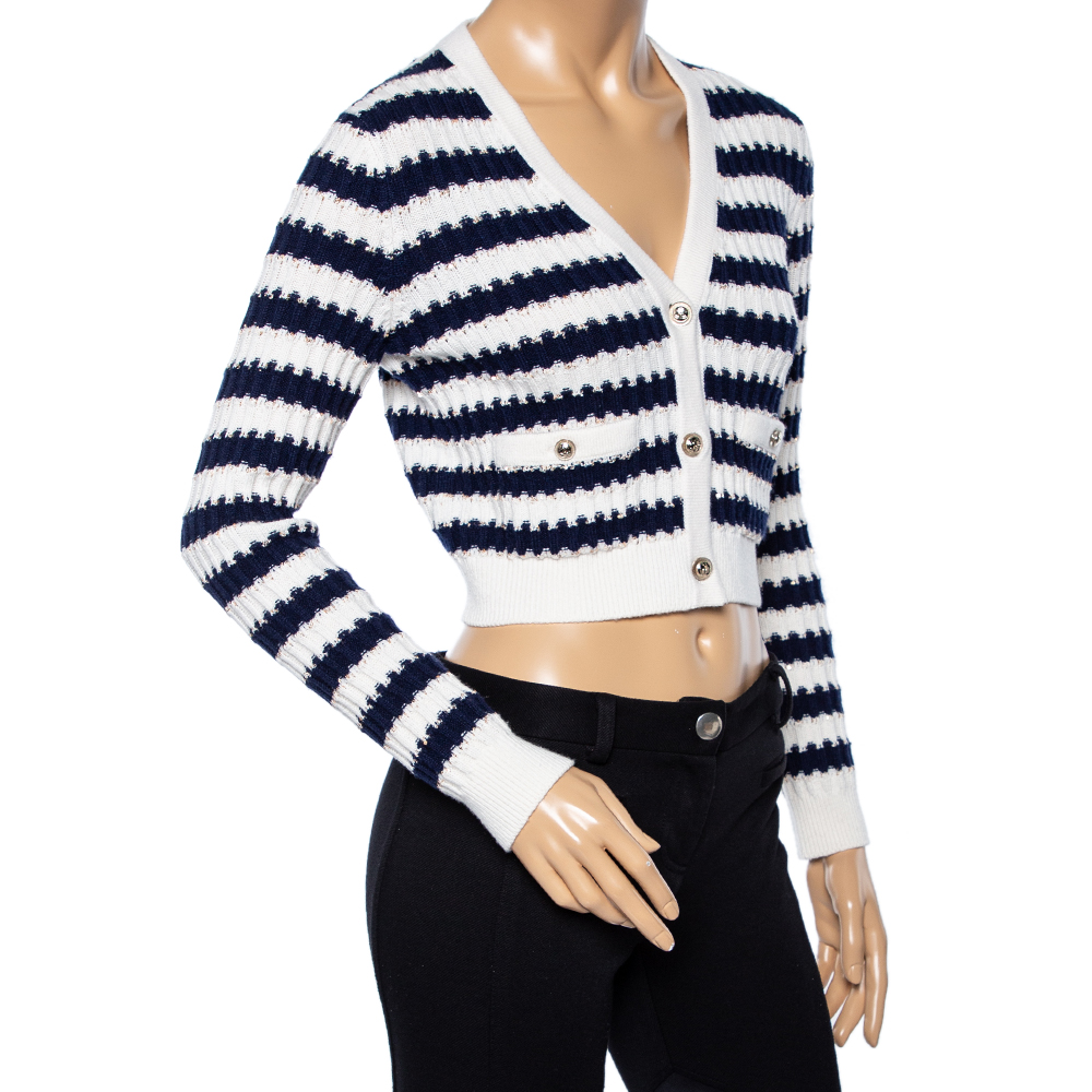 

Chanel Navy Blue Striped Sequin Embellished Wool Button Front Cardigan