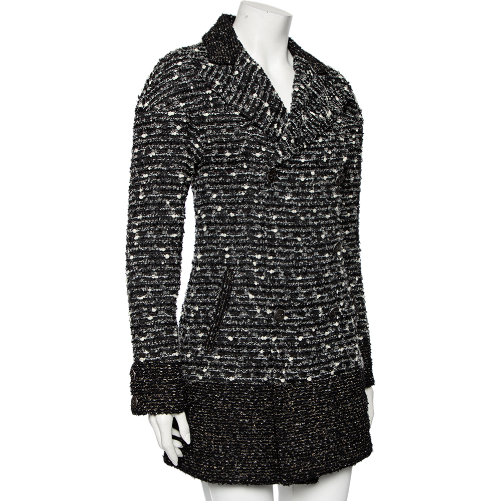 

Chanel Monochrome Tweed Double Breasted Long Jacket, Black