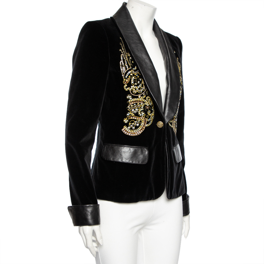 

Chanel Black Velvet & Leather Inset Embellished Single Breasted Blazer