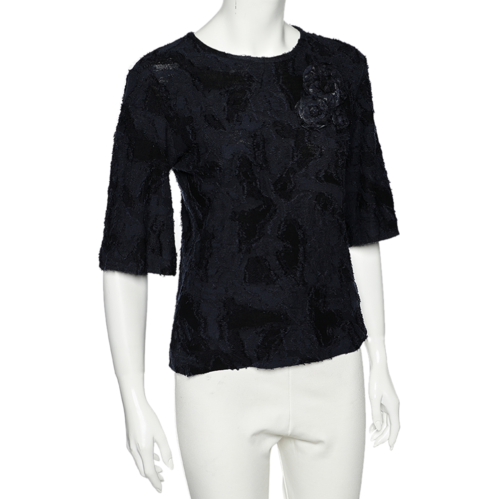 

Chanel Navy Blue Textured Cotton Floral Broach Detailed Top