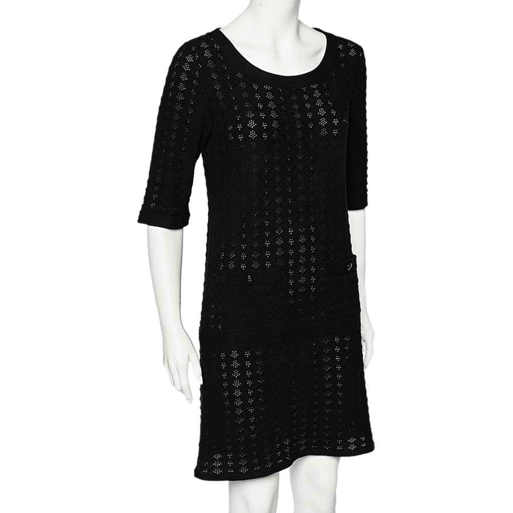 

Chanel Black Perforated Knit Pocket Detailed Dress