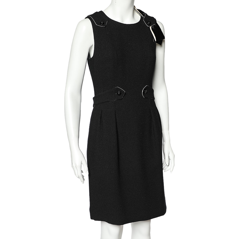 

Chanel Black Textured Wool Bow Detailed Pleated Dress