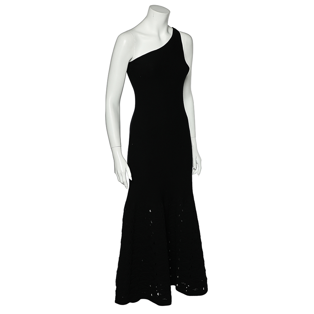 

Chanel Black Jersey One Shoulder Open Knit Flounce Hem Detail Dress