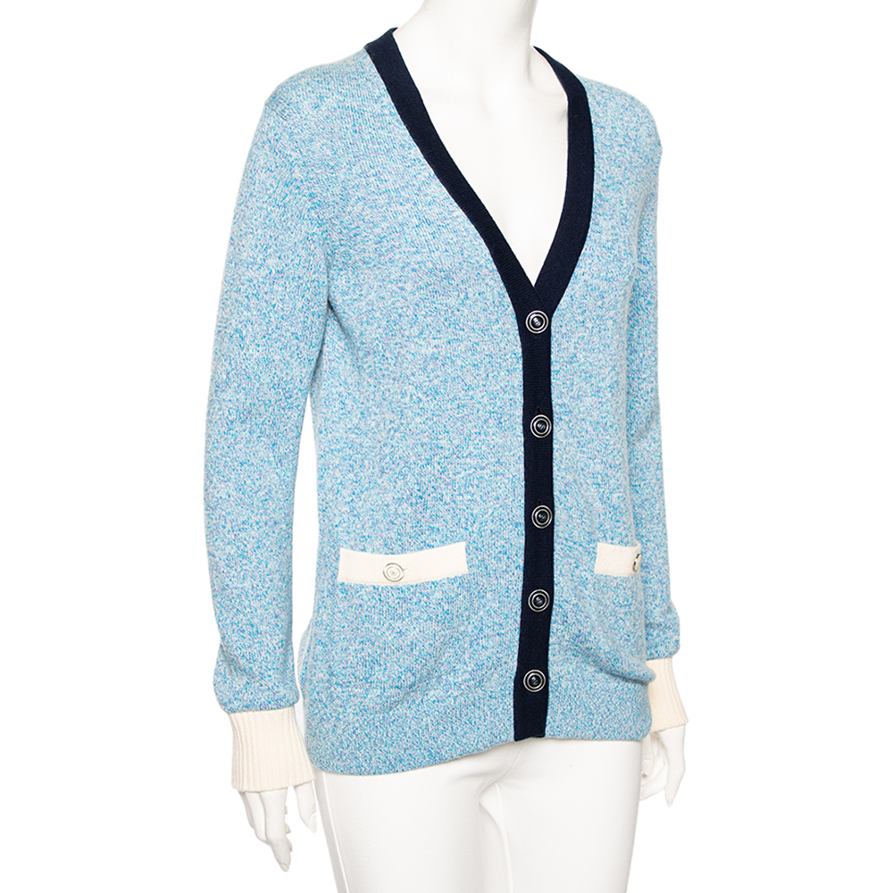 

Chanel Blue Cashmere Knit Contrast Trimmed Button Front Cardigan