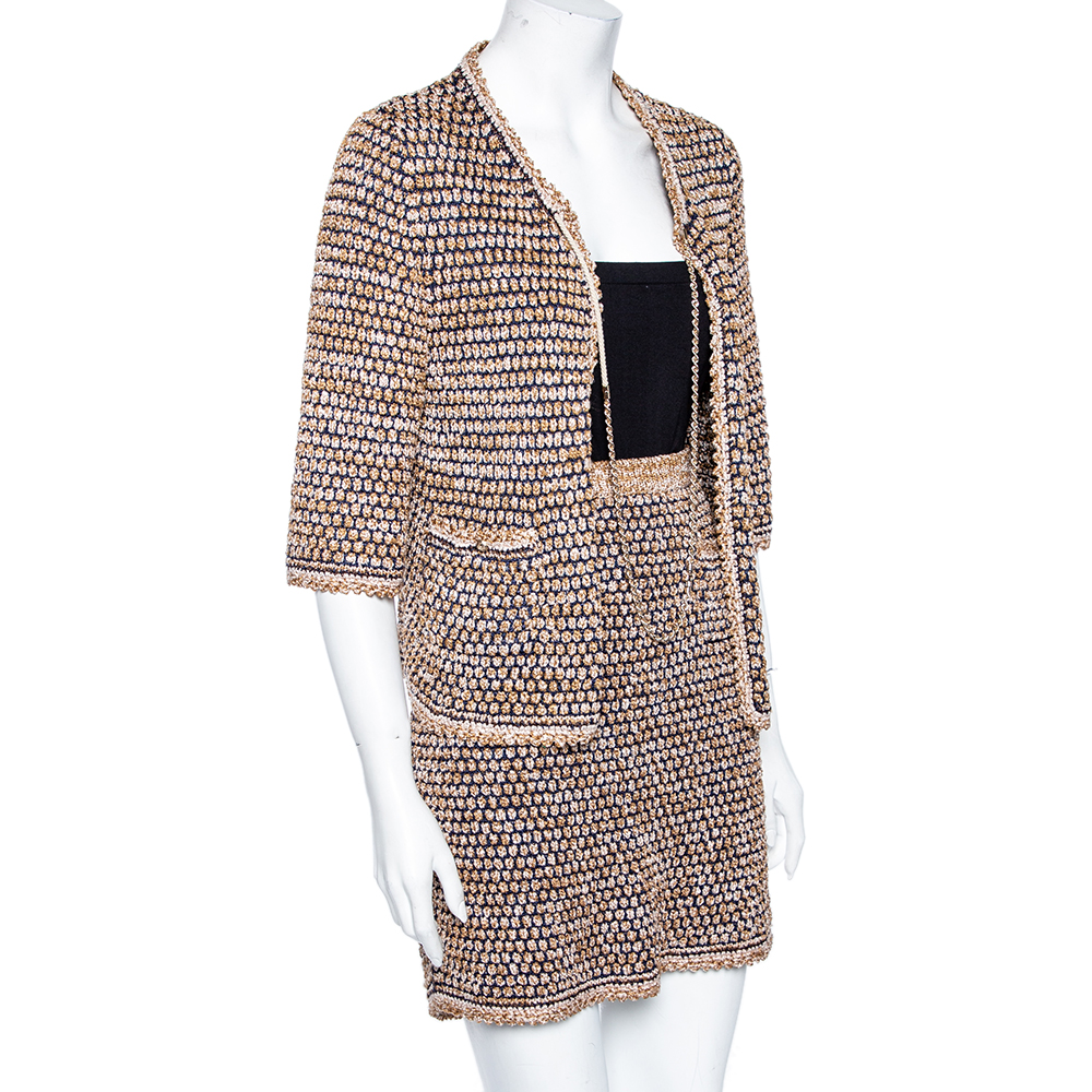 

Chanel Beige & Blue Tweed Open Front Jacket & Short Skirt Set