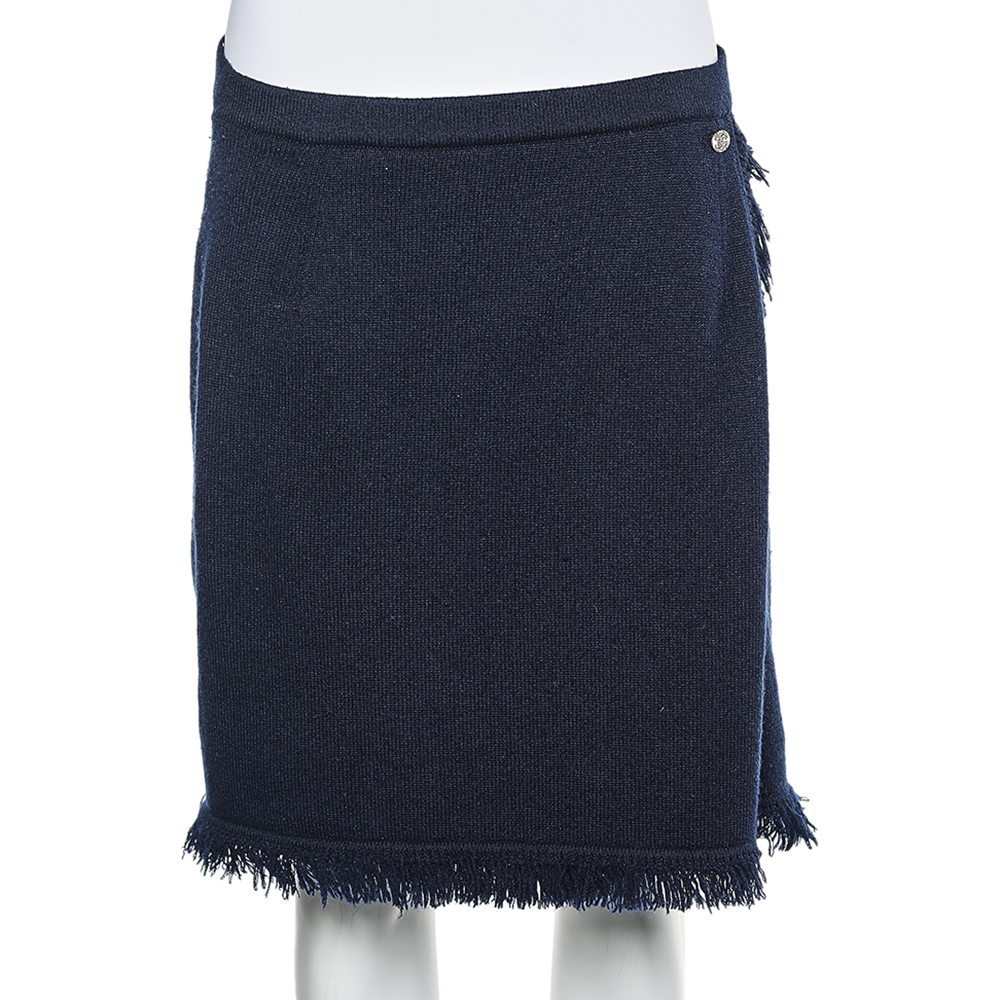 

Chanel Navy Blue Cashmere Fringed Faux Wrap Mini Skirt