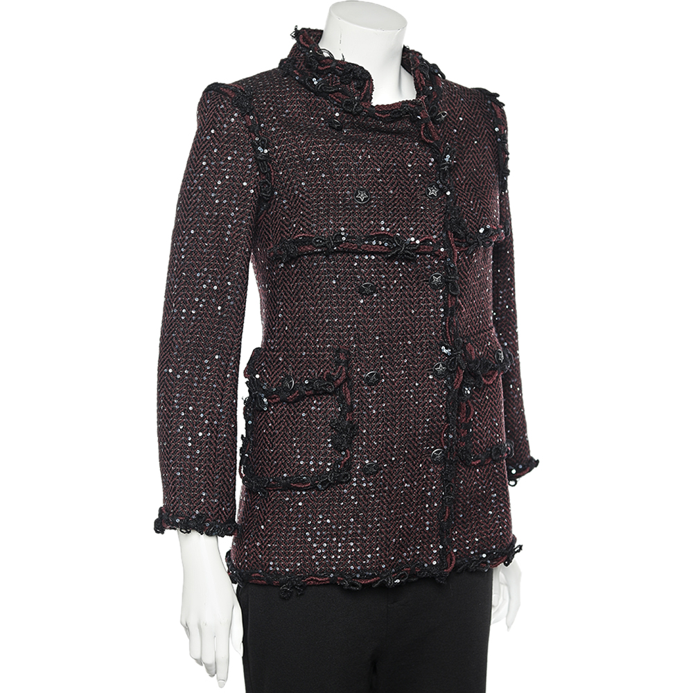 

Chanel Burgundy Sequined Tweed Double Breasted Jacket