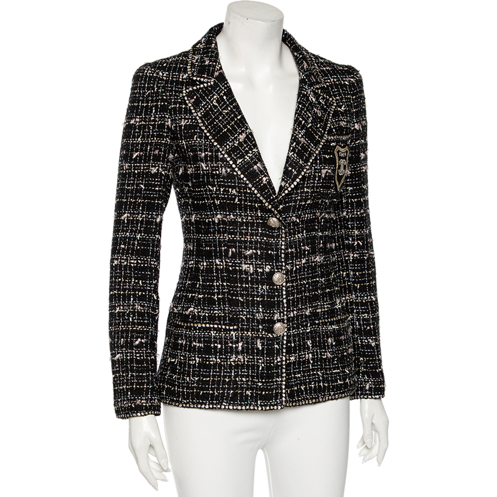 

Chanel Black Tweed Logo Crest Detail Button Front Jacket