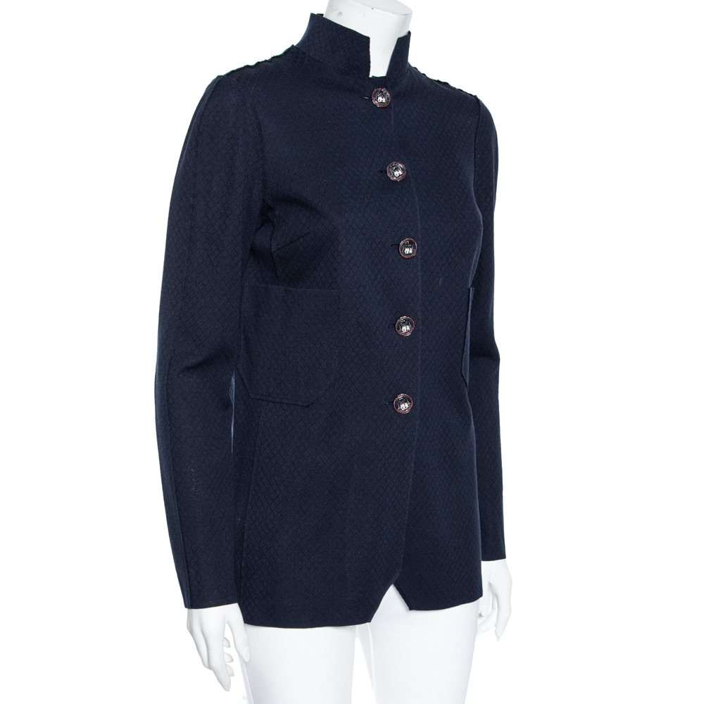 

Chanel Navy Blue Patterned Silk Knit Button Front Long Shirt