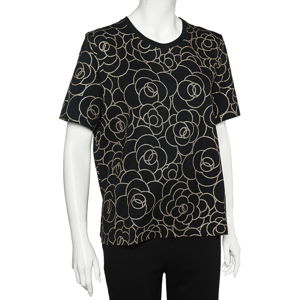 

Chanel Black Camellia Foil Print Cotton T-Shirt