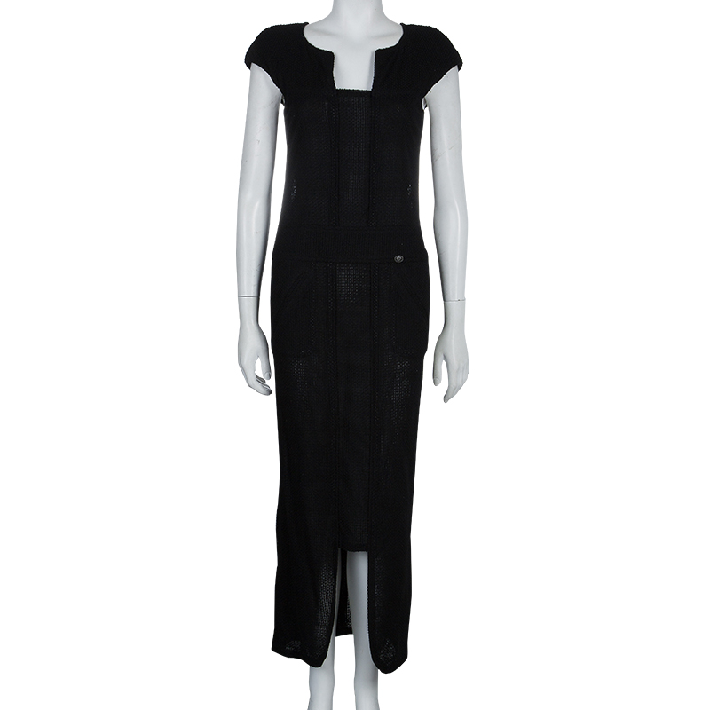 

Chanel Black Cap Sleeve Textured Cotton Maxi Dress