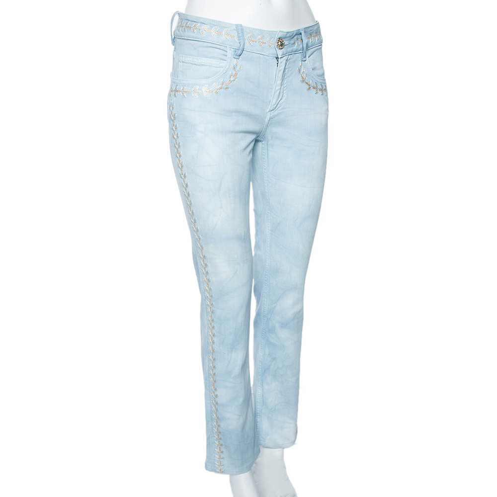 

Chanel Indigo Light Wash Denim Embroidered Jeans, Blue