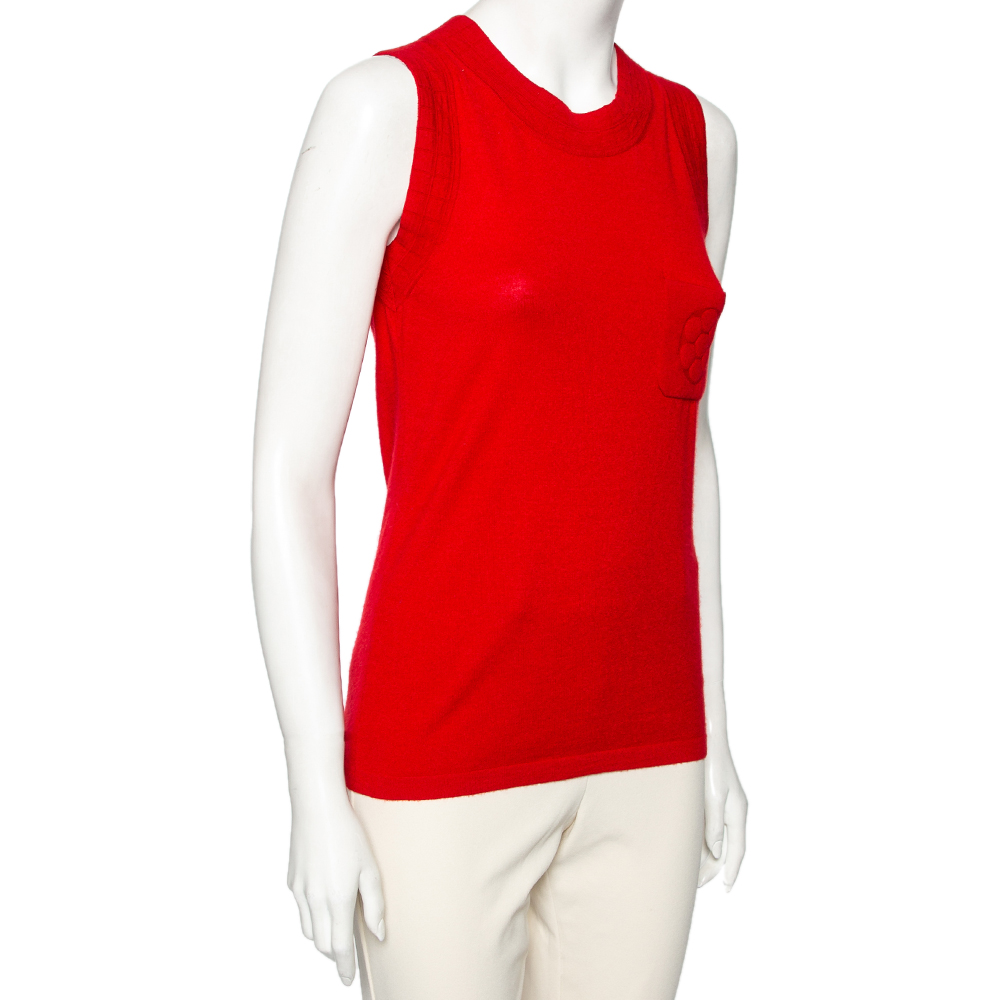 

Chanel Red Cashmere Pocketed Sleeveless Top