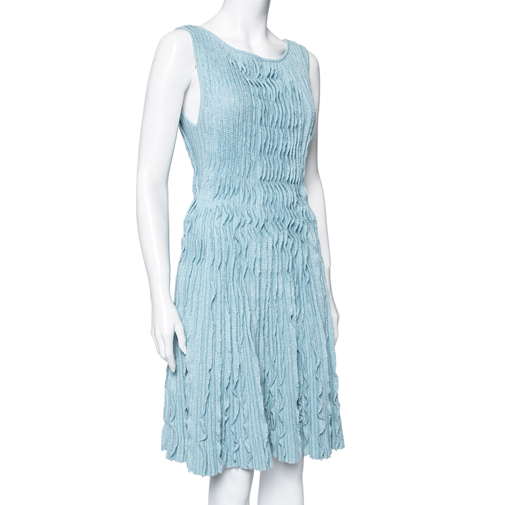 

Chanel Blue Cashmere & Linen Pleat Patterned Sleeveless Dress